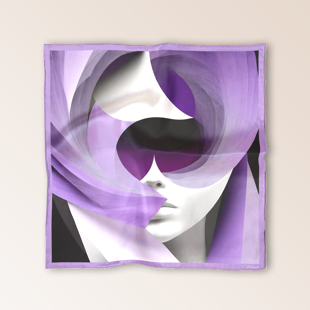 Close-up of Thánatos scented silk scarf featuring abstract purple design.