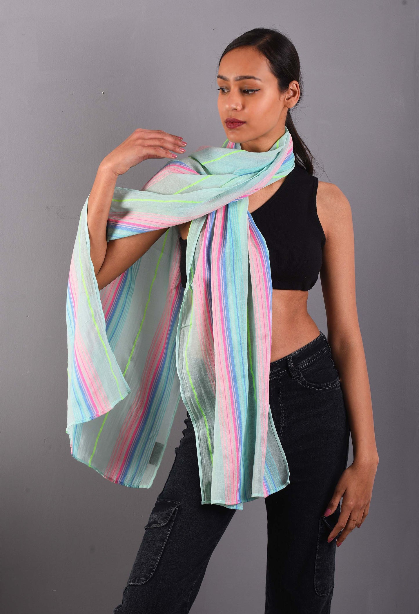 Model wearing the Blue Mobster scarf draped elegantly over the shoulder