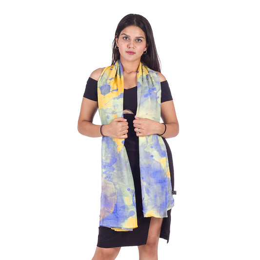 Model wearing Blueberry Fiesta stole in a casual style against a white background