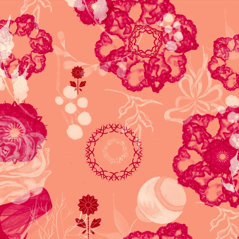 Detailed pattern of the Blush Cosmo scarf, highlighting the intricate strawberry-inspired floral motifs.