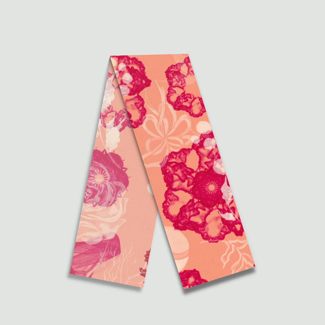 Close-up mockup of the Blush Cosmo scarf featuring strawberry-inspired pink floral designs.