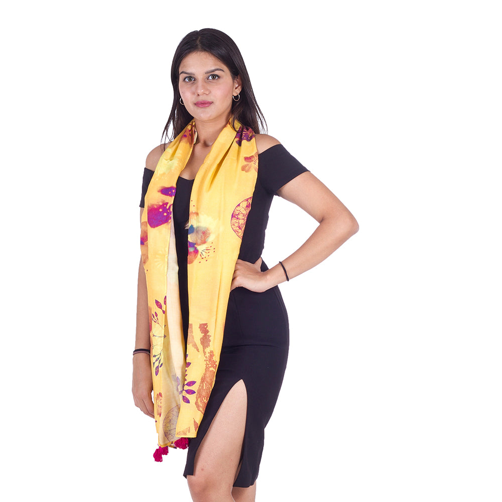 Yellow Egg'xotic Floret floral scarf draped on model with black dress