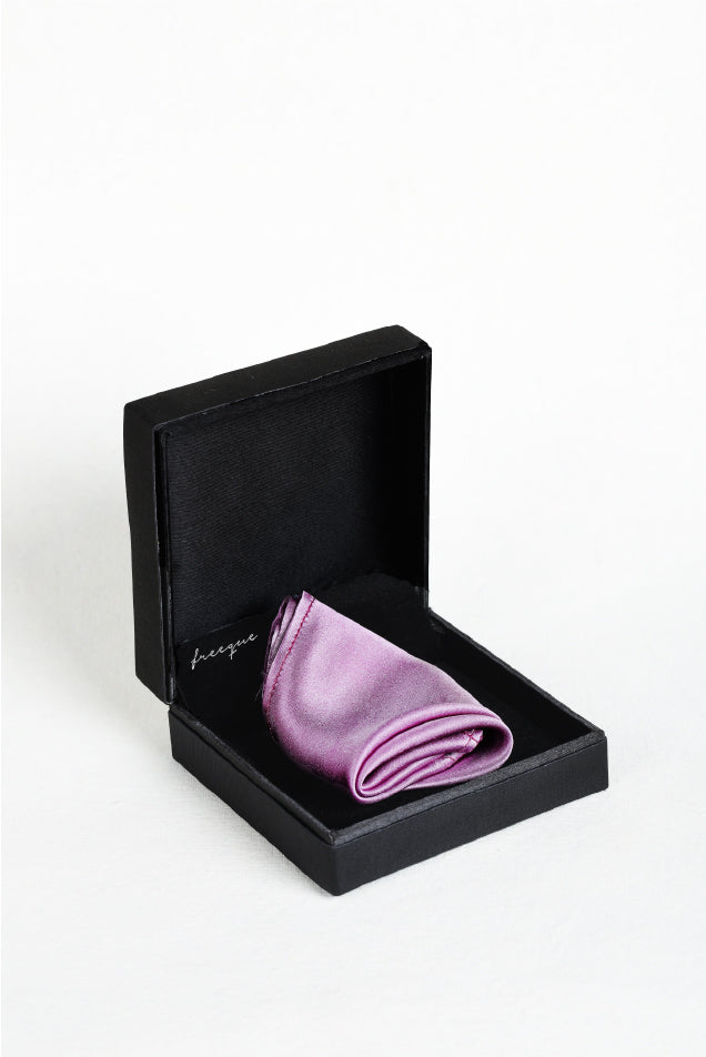 Solid onion pink scented pocket square displayed in black box - Freeque luxury accessory